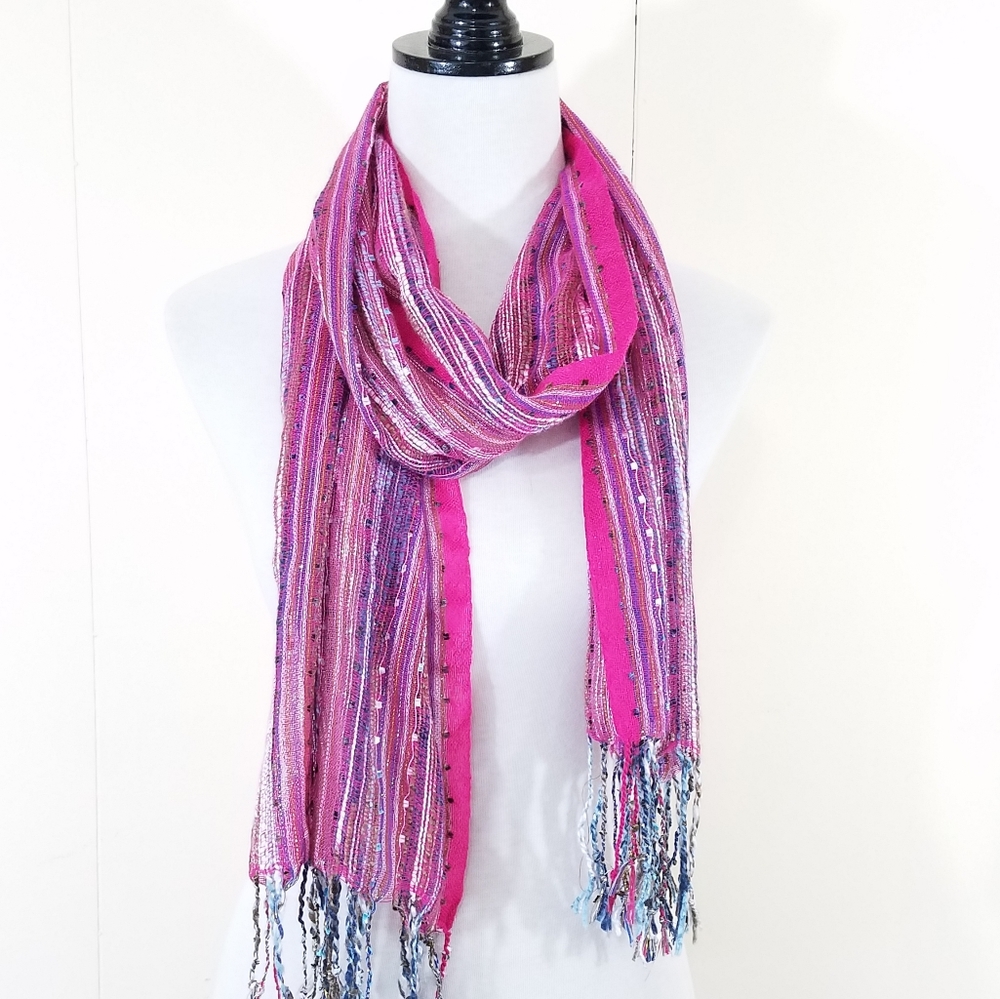 Women's long sparkly pink lightweight knit scarf with fringe